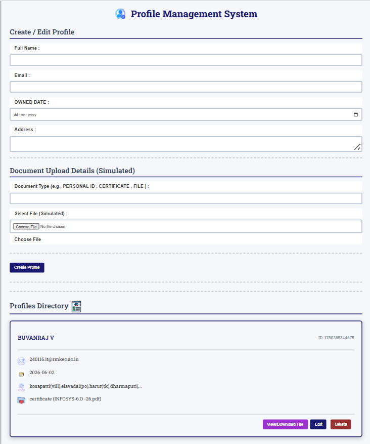 Profile Management System dashboard preview